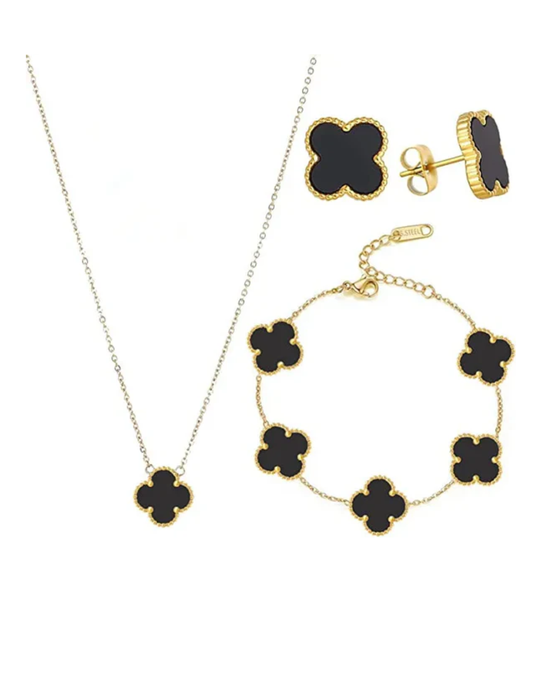 Conjunto Trevo- banhado a ouro 18k em aço inoxidável