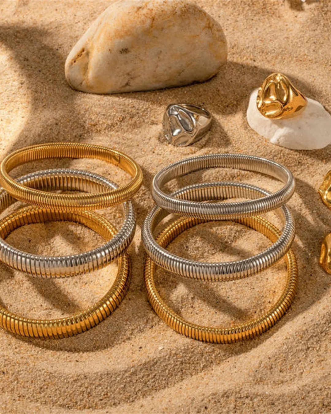Conjunto 3 pulseiras + 1 Anel - banhado a ouro 18k em aço inoxidável