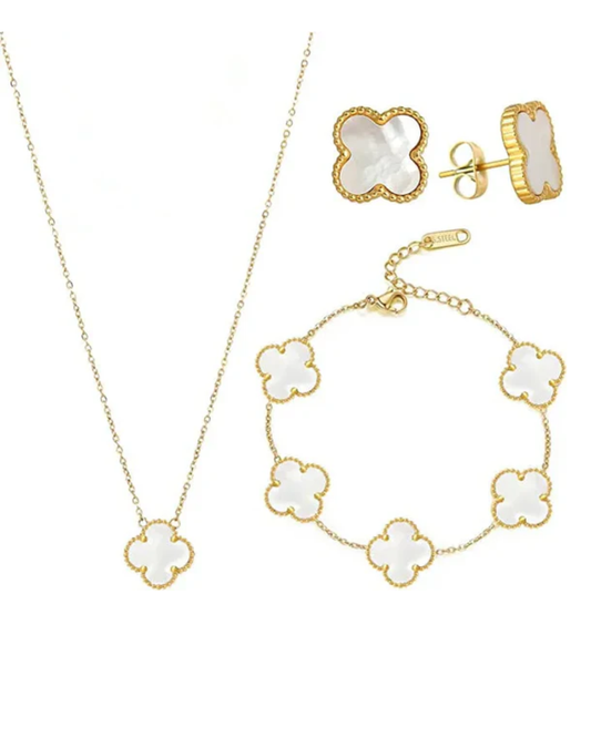 Conjunto Trevo- banhado a ouro 18k em aço inoxidável